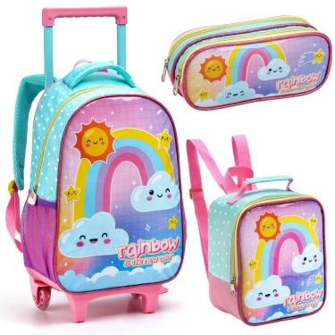 Imagem de Kit Mochila Rodinha Lancheira Estojo Menina Infantil Escolar Fofa Rainbow Seanite