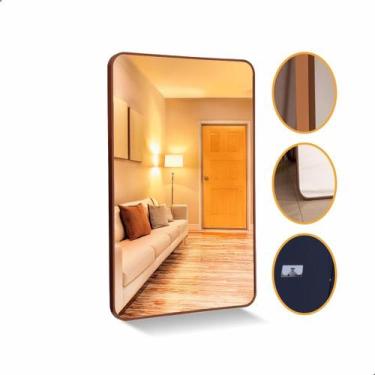 Imagem de Espelho Grande Decorativo Banheiro e Sala Retangular Dourado com Moldu