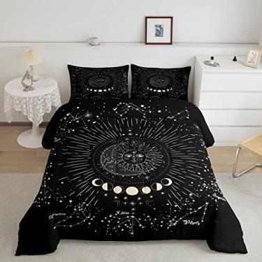 Imagem de Feelyou Conjunto De Edredom Com Estampa Sol E Lua, Decoração Exótica Boho, Roupa Cama Para Crianças, Meninos Meninas, Galáxia, Astrologia, Boêmio, Tribal, Colcha Preta 2 Fronhas, 3 Peças, Queen Size