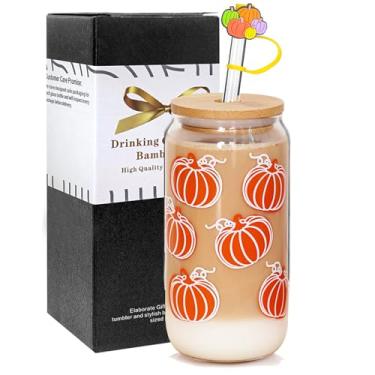 Imagem de ANOTION Xícaras de café de outono – Copos de vidro de outono de 510 g com tampas e canudos para decoração de outono Copos de café gelado em forma de lata de cerveja jarra de biscoito decorações de outono presente de vidro de casamento garrafas de água potável