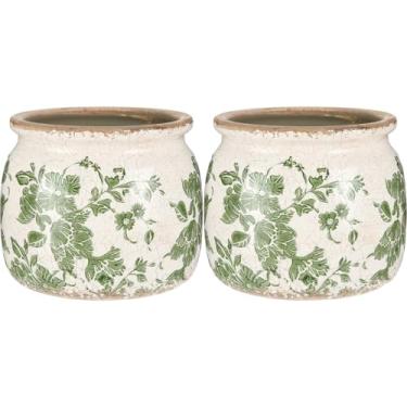 Imagem de Ninehaoou Vaso de cerâmica com rolagem de 5,1 cm, bege e verde, vaso de flores com acabamento esmaltado crackle para plantas de interior, decoração de cozinha, casa de fazenda, presente decorativo