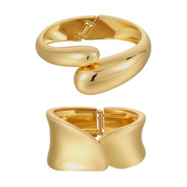Imagem de Emibele Pulseira de punho largo, pulseira aberta banhada a ouro 18 K com design de gota, pulseiras de ouro articuladas para mulheres, pacote com 2