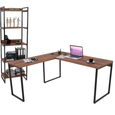 Imagem de Kit Mesa Em L Com Estante 5 Prateleiras 150X150 Nogal