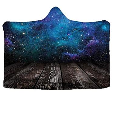 Imagem de Cobertor com capuz grande galáxia vestível, vista do espaço sideral do deck de madeira rústica azul nebulosa estrela mágica noite, para adultos, mulheres, meninas, adolescentes homens, L 127 x C 101