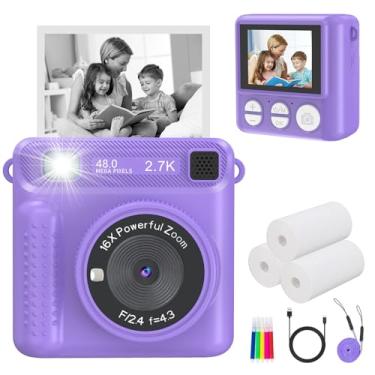 Imagem de JPVERLY Impressão instantânea para câmera infantil, vídeo digital HD, cartão SD de 32 GB, brinquedo portátil para meninas e meninos de 3 a 12 anos, presentes de aniversário de Natal (roxo)