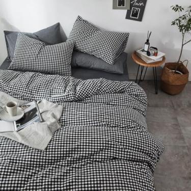 Imagem de mixinni Conjunto de edredom solteiro de guingão preto, xadrez, 3 peças, 1 edredom preto quadriculado com 2 fronhas para todas as estações, macio e fofo moderno, estampa quadriculada, tamanho solteiro