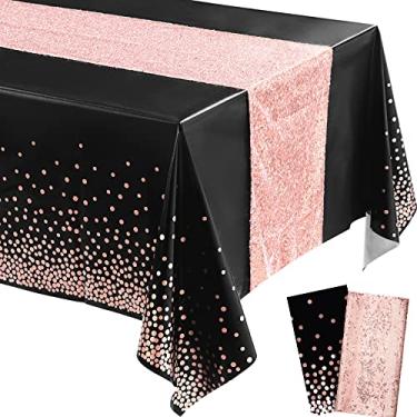 Imagem de Irenare Conjunto de toalha de mesa e passadeira de mesa de lantejoulas e confetes de bolinhas, toalhas de mesa de plástico para jantar, decorações com glitter para artigos de festa de aniversário de