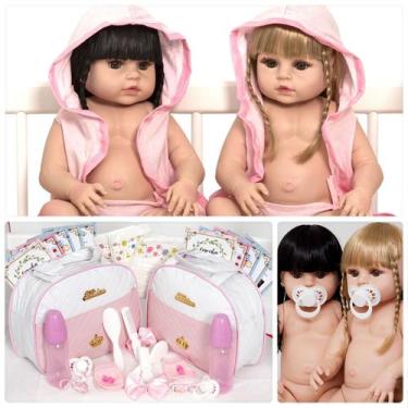 Imagem de Bebes Reborn Gêmeas Lindas Loira Morena + Enxoval Completo - Cegonha R