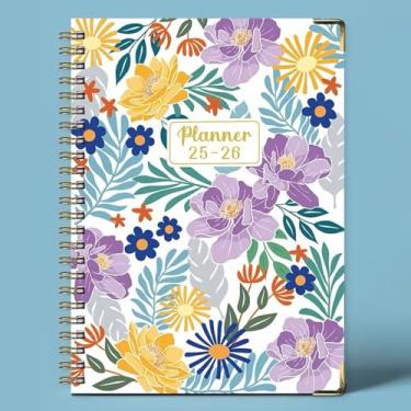 Imagem de Julho de 2025 a junho de 2026, caderno espiral, calendário diário A5 tamanho 15 x 21 cm, capa de flores roxas, mensal, semanal, livro de compromissos, 142 páginas, agenda escolar e escritório, com