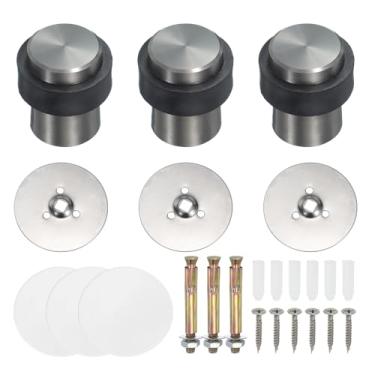 Imagem de PATIKIL 3 conjuntos de batentes de porta redondos, 46 mm batente de porta de aço inoxidável cunha cilindro de metal autoadesivo com parafuso para parte inferior do piso da porta interna, cinza