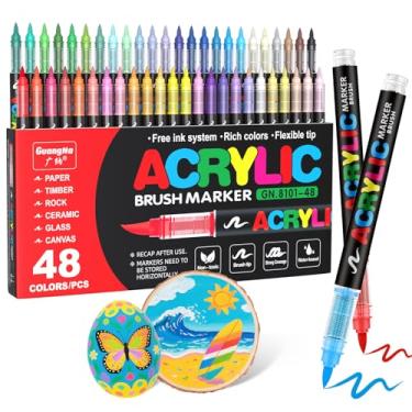 Imagem de Guangna Marcadores de tinta acrílica, ponta de pincel, 48 cores vivas com sistema de tinta líquida direta, caneta de tinta profissional para pintura rupestre, tela, vidro, plástico, tecido e