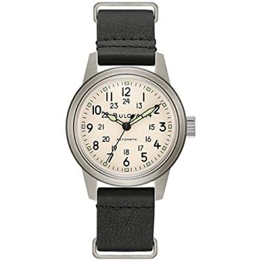 Imagem de Bulova Relógio automático masculino de aço inoxidável com 3 ponteiros e pulseira de couro preto NATO estilo do mostrador marfim: 96A246, Prata, Piloto/Aviador, Militar