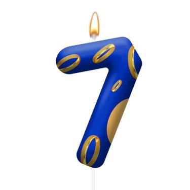 Imagem de Velas de bolo de aniversário – velas azuis e douradas com desenhos vibrantes para meninos e meninas, decorações temáticas de festa de aniversário, topos de bolo para festas temáticas (número 7)