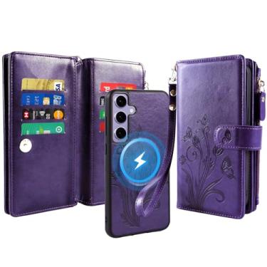 Imagem de Lacass Capa carteira para Samsung Galaxy S24 FE S24FE, compatível com MagSafe 2 em 1 de couro sintético destacável magnético com bloqueio de RFID, suporte para cartão, fecho de zíper, alça de pulso