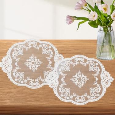 Imagem de Loghohu Pacote com 2 jogos americanos de renda, doilies de renda para mesas, bordados feitos à mão, de crochê, para móveis, cozinha, decoração de casamento, 30 x 40 cm (branco)