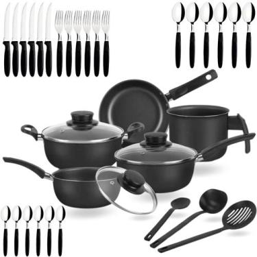Imagem de Jogo De Panelas Elegan 33 Peças Com Talheres - Preto - Dona Chefa