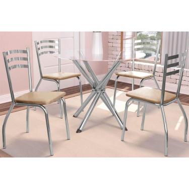 Imagem de Kit 4 Cadeiras Sala Jantar Volga c/ Tampo de Vidro 95cm e 4 Cadeiras Portugal Cromada - Courano Bege - Kappesberg