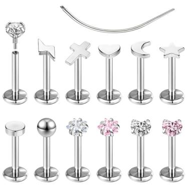 Imagem de ZS 12 peças 16G/18G aço inoxidável Medusa Monroe piercing labial fio interno tragus helix conch cartilagem brincos brinco para mulheres e homens, 16g, L:6mm, Aço inoxidável, Zircônia cúbica