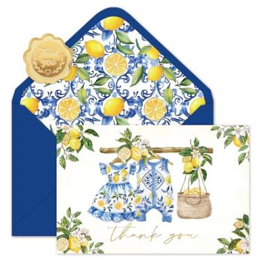 Imagem de Whaline 50 peças cartões de agradecimento chá de bebê mediterrâneo pano limão folha dourada cartões comemorativos com envelopes adesivos cola cartões de notas em branco para festa de revelação de