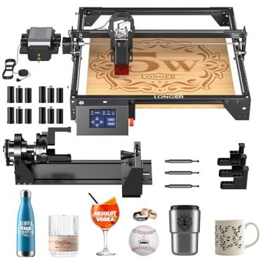 Imagem de LONGER Máquina de gravação a laser Ray5 5000 mW com kit de assistência a ar, ferramenta de corte a laser CNC DIY para área de trabalho de madeira de vidro de metal 39.9 cm x 39.9 cm com kit de rolo