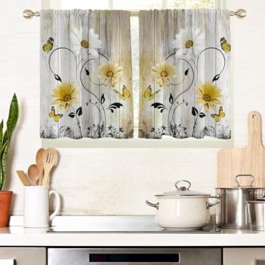 Imagem de AAtter Cortinas de janela de flores amarelas para cozinha abstrata margarida branca planta botânica pequena curta casa sala de estar quarto banheiro cortinas tratamento camadas tecido 1 par, 69,8 cm L
