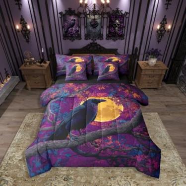 Imagem de Erosebridal Jogo de cama king size de Halloween, 7 peças, cama de lua de corvo em uma bolsa, galhos de árvore gótica, inclui edredom, conjunto de lençol, fronhas e fronhas, decoração de quarto com