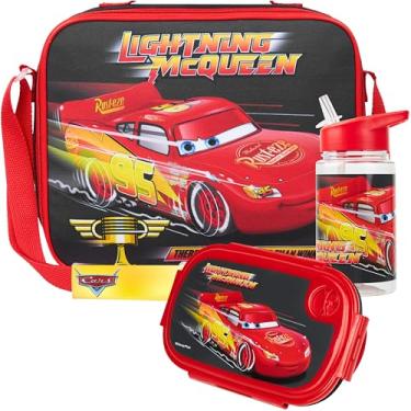 Imagem de Get Trend Disney Carros Garrafa de água Lancheira Lancheira Conjunto infantil 3 peças Lightning McQueen Lancheira Isolada para Presentes Escolares para Crianças (Carros Pretos)
