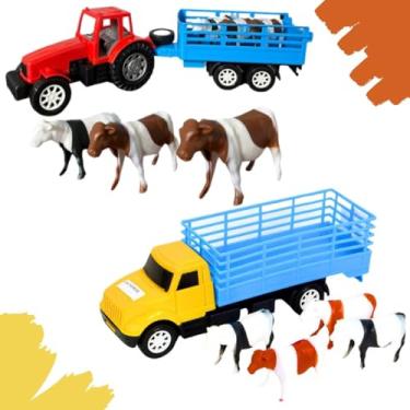Imagem de Kit 1 Caminhão Boiadeiro Com 4 Bois 1 Trator Boiadeiro Com 3 bois Criança Brinquedo Transporte Fazendinha