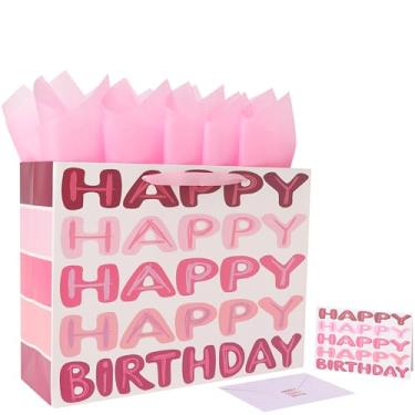Imagem de Conjunto de sacolas de presente de feliz aniversário rosa extra grande de 42 cm com alças, cartão comemorativo, papel de seda e adesivos para mulheres, meninas, crianças, adolescentes, design de