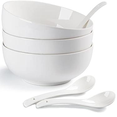 Imagem de Houlu Tigelas grandes de 1,6 l para sopa, cereal, salada, macarrão, ramen, tigela de porcelana branca com 3 tigelas + 3 colheres, 20 cm