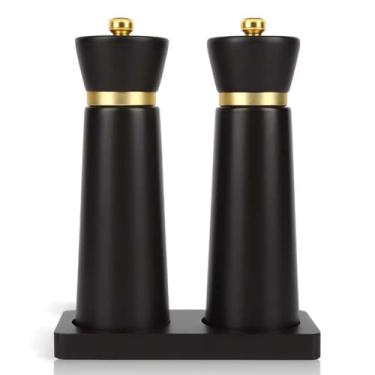 Imagem de Conjunto de moedor de sal e pimenta de madeira, recarregável com grossura ajustável, manual de moedor de pimenta de madeira de praia, saleiro e pimenteiro, bandeja de madeira combinando - Ideal para