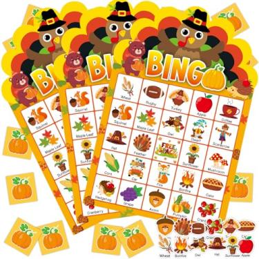 Imagem de Jogo de bingo de festa de Ação de Graças para adultos e crianças, 24 jogadores, cartas de jogo de bingo em forma de peru com adesivos de recompensa para amigos da família, estudantes, atividades de