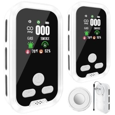 Imagem de 2 unidades 5 em 1 detector de gás combustível de monóxido de carbono portátil plug in CO detector com tela HD, temperatura, umidade, nível de CO, alarmes operados por bateria