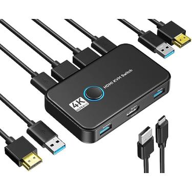 Imagem de Giimake KVM Switch HDMI para 2 computadores compartilhando um monitor HD, teclado e mouse - suporta 4K a 60Hz, 2 cabos HDMI, 2 cabos USB, 1 cabo de carregamento USB C incluído