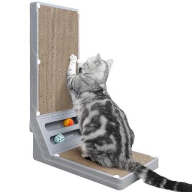 Imagem de Joytale Arranhador de gato em forma de L, papelão interativo para arranhar gatos com 2 bolas, almofada vertical para arranhar gatos de 60 cm, protegendo móveis para gatos internos, grande
