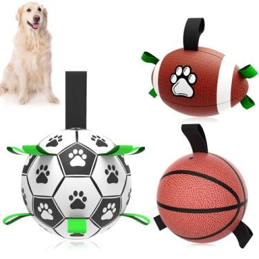 Imagem de QDAN Conjunto de bola de futebol e basquete para cães – 3 bolas para cães com alça para cabo de guerra, bola de futebol para cães pequenos, médios e grandes, bola de pastoreio para cães, brinquedo de