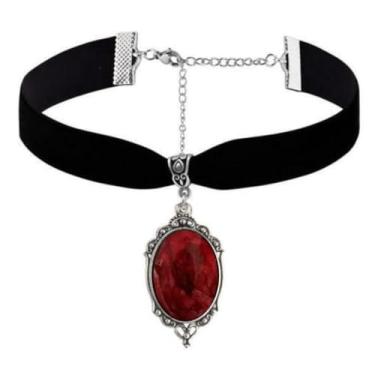 Imagem de GYRMMUE Gargantilha Gótica Vitoriana De Veludo, Colar Vintage Com Camafeu Cristal Stardust, Pingente Gema Vermelha Gótica, Punk Satanás, Demônio, Joias Halloween Para Mulheres (C)