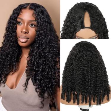 Imagem de Perucas de cabelo humano encaracolado birmanês em V com cordão e extremidade de cachos em espiral, 200% de densidade para mulheres negras, cabelo humano ondulado e molhado, preto natural encaracolado