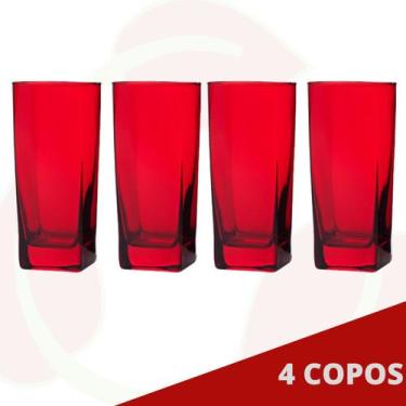 Imagem de Jogo de Copo Vidro Bali 320ml Quadrado Vermelho Agua - 4Un - PRATICASA