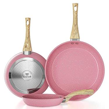 Imagem de Conjunto antiaderente de frigideira, 20,3 cm, 24,1 cm e 28 cm, frigideiras antiaderentes, frigideiras sem PFOA, frigideiras sem toxinas, panelas de pedra, base antideformação com todos os fogões