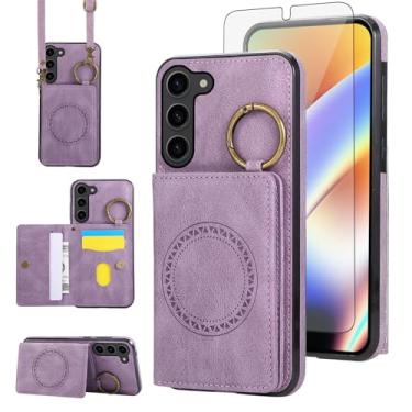 Imagem de Capa carteira compatível com Samsung Galaxy S23 5G e protetor de tela, alça de ombro transversal, fivela anel, suporte para cartão, suporte magnético para carro, capa para celular para S 23 23S