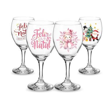 Imagem de Kit 2 Taças De Vinho 340ml Vidro Personalizada Especial Feliz Natal Mesa Posta Decorativa Fim De Ano (ROSA)
