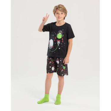Imagem de Pijama Verão Menino Preto Camiseta com Bolso e Bermuda Astronauta no E