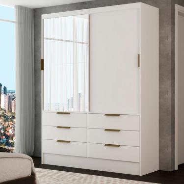 Imagem de Guarda-Roupa Solteiro Ilhéus 2 Portas de Correr 6 Gavetas com Espelho Branco - Panorama Móveis