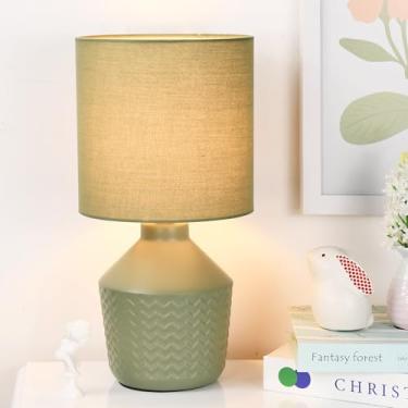 Imagem de Lampwell Candeeiro de mesa pequeno verde de palheta para sala de estar como abajur de mesa de cabeceira para quarto, luminária de mesa noturna infantil de cerâmica moderna, Φ16,89 × A 30,58 cm