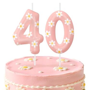 Imagem de Velas de aniversário rosa número 40, enfeite de bolo com tema de margarida para meninos e meninas, decorações de aniversário, suprimentos de festa, velas numéricas para decoração de festa