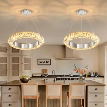 Imagem de Anel de 40,64 cm moderno LED regulável lustre de cristal ajustável altura ajustável lustre de cristal redondo luminárias para sala de jantar, sala de estar, cozinha, ilha, prata