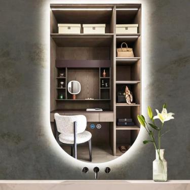 Imagem de TiliKuly Espelho de vaidade de arco invertido de 50 x 81 cm com luzes, 3 cores, regulável, antiembaciamento, 81 cm, retroiluminado, sem moldura, para banheiro, salão, maquiagem, parede, espelhos de