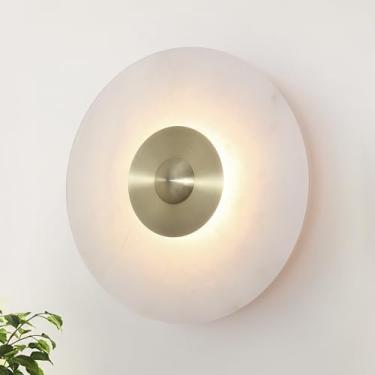 Imagem de LOSNEOLAZ Arandela redonda de parede de alabastro de 30 cm, luminária moderna de bronze para banheiro com sombra de mármore natural para quarto, corredor, escadas (com fio)