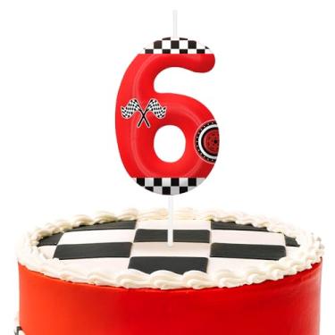 Imagem de Velas vermelhas de aniversário número 6, topo de bolo temático de carros de corrida para decoração de bolo para meninos e meninas, decorações de aniversário, suprimentos de festa, velas numéricas para